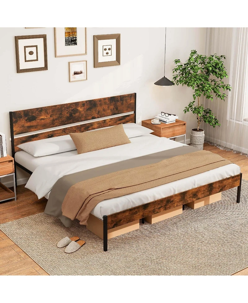 King Size Bed Frame with Wooden Headboard Under-Bed Storage No Box Spring Needed
