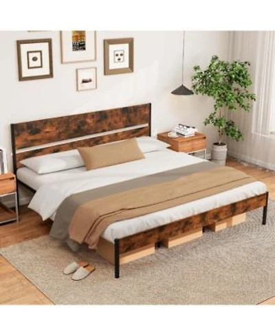 King Size Bed Frame With Wooden Headboard Under Bed Storage No Box Spring Needed