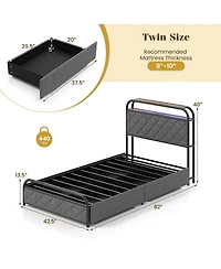 Twin Size Bed Frame with Led Lights & Charging Station Storage Headboard & Drawers