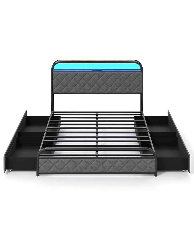 Full Size Bed Frame with Led Lights & Charging Station Storage Headboard & Drawers