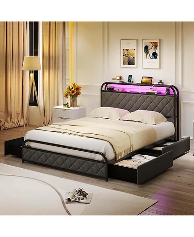 Full Size Bed Frame with Led Lights & Charging Station Storage Headboard & Drawers