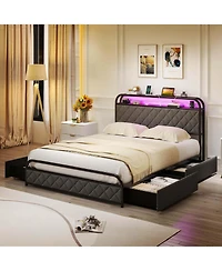 Full Size Bed Frame with Led Lights & Charging Station Storage Headboard & Drawers