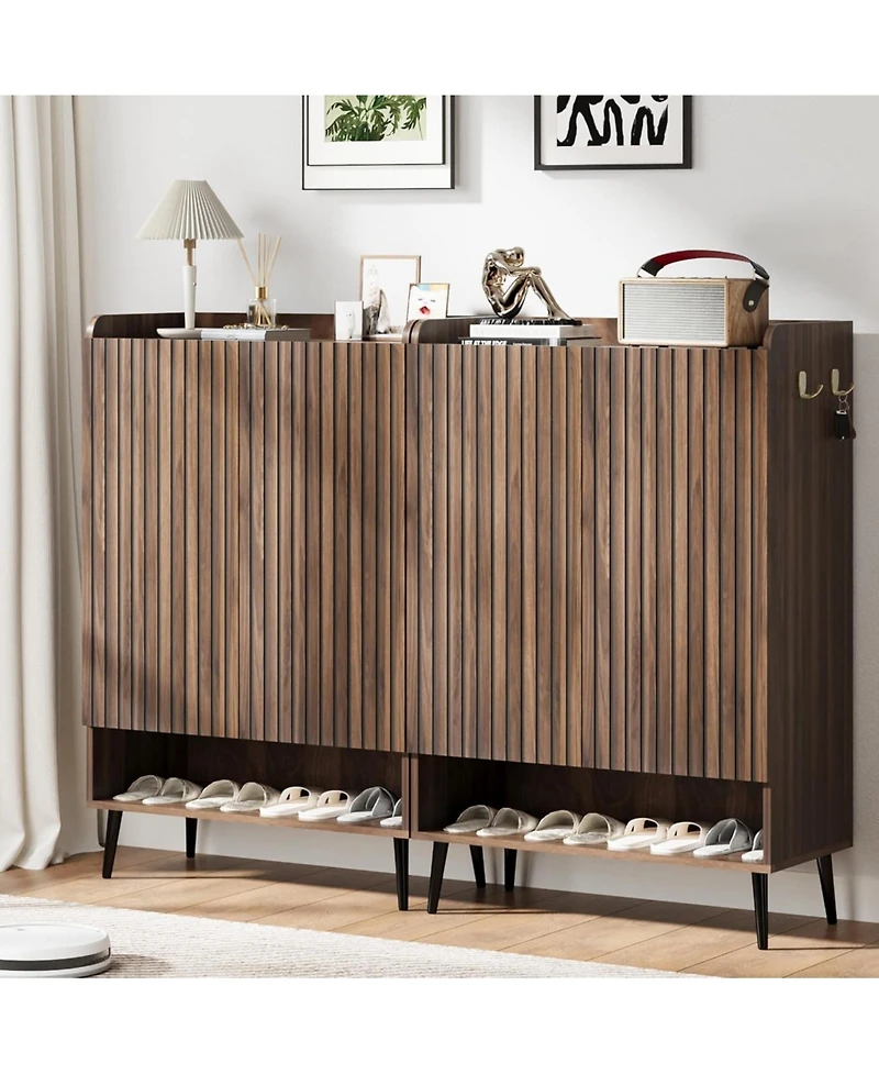 gaomon Large Shoe Cabinet with Doors 6-Tier Shoe Organizer with 2 Doors and Additional Hooks for Hallway Entryway Living Room Brown Set of 2