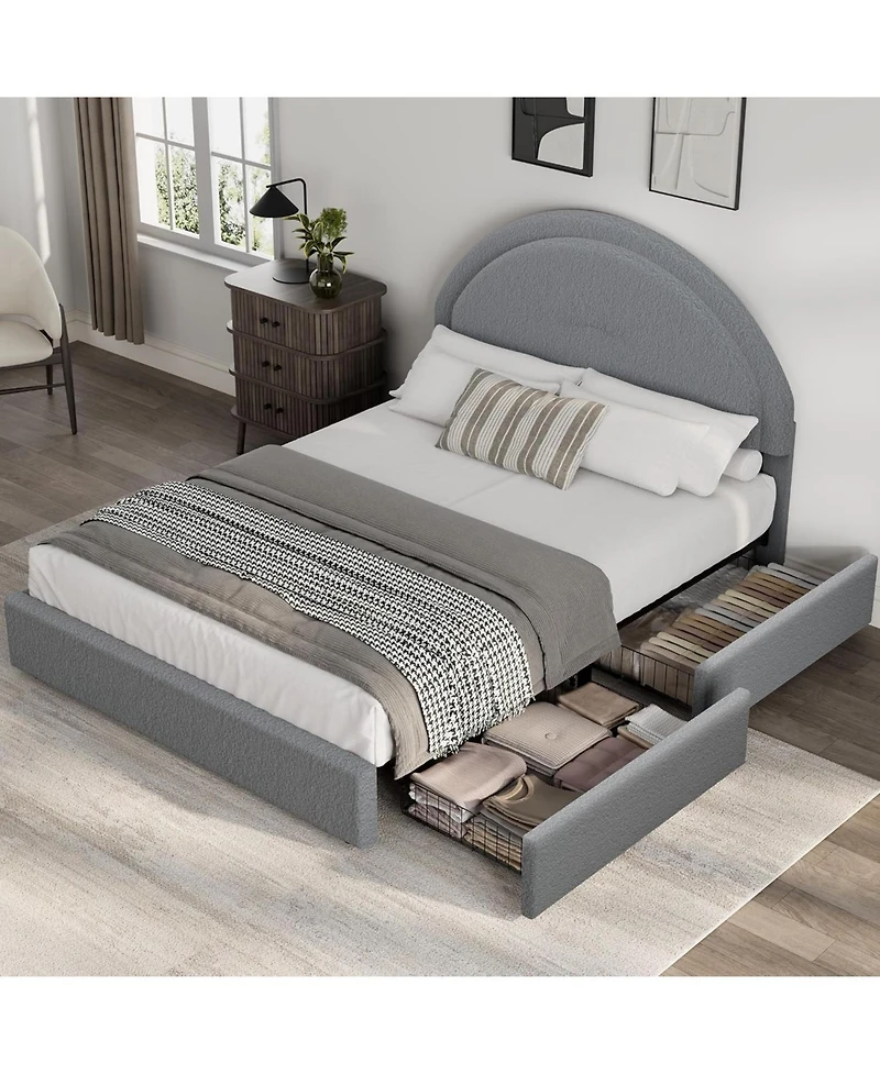 gaomon Boucle Bed Frame with 2 Storage Drawers,Soft Upholstered Platform Round Headboard,Heavy Duty,Wooden Slats,Noise Free
