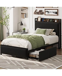 gaomon Twin Xl Bed Frame with Storage,Corduroy Upholstered Platform Bedframe Storage Drawers and Charging Station