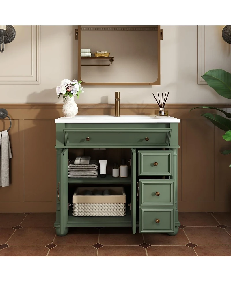 Sillysis 36" Bathroom Vanity with Sink, Medieval Modern Solid Wood Roman Base, Flip Drawer Adjustable Storage, Easy Clean