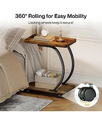 Tribesigns C-Shaped End Table, Industrial 2-Tier Small Side Table with Wheels, Wood Bedside Snack Couch Table with Metal Frame.
