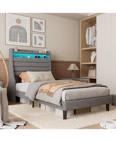 gaomon Twin Bed Frame Storage Headboard Usb Charging Led Lights Noise Free Under Storage Easy Assembly No Box Spring