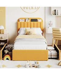 gaomon Boucle Upholstered Platform 2 Storage Drawers Bookcase Headboard Noise-Free Easy Assembly No Box Spring Children Bed
