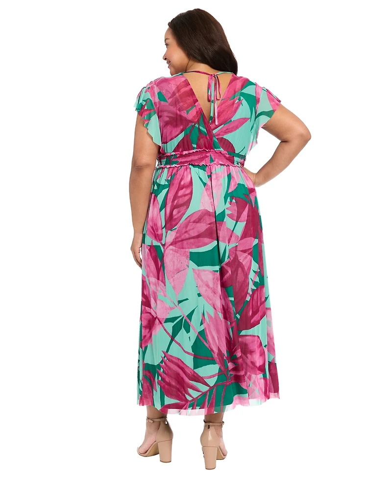 London Times Plus Flutter-Sleeve Surplice V-Neck Mesh Maxi dress