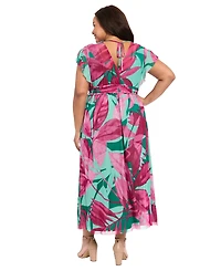 London Times Plus Flutter-Sleeve Surplice V-Neck Mesh Maxi dress