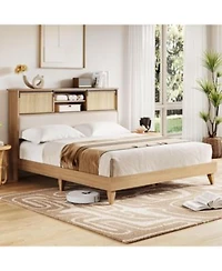 Gaomon Rattan Bed Frame With Sliding Door Shelf Headboard Bohemian Rattan Bed Frame Size With Shelves Solid Wood Foundation With Silent Slats