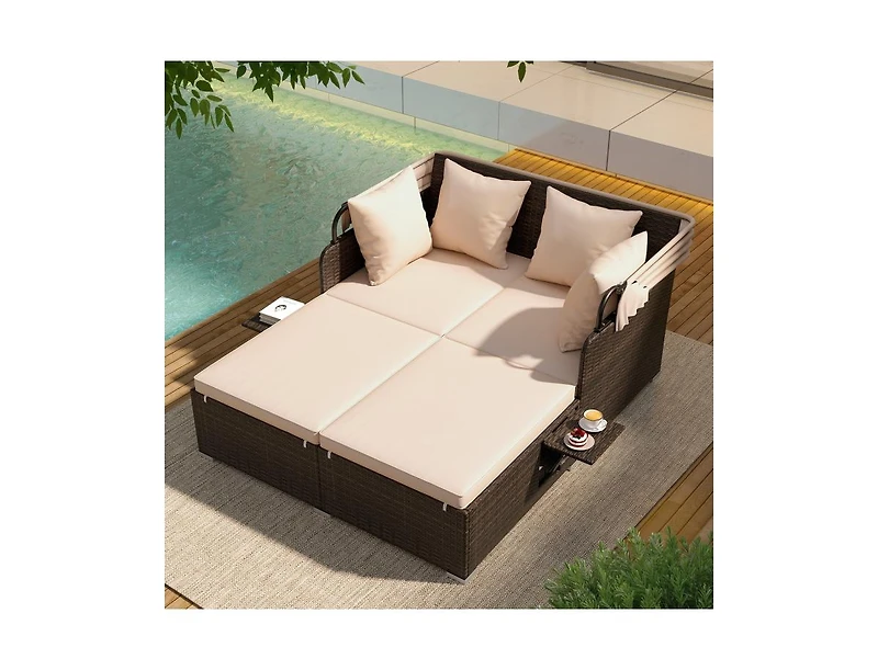 Slickblue Outdoor Rattan Daybed with Canopy Shade and Side Table Storage