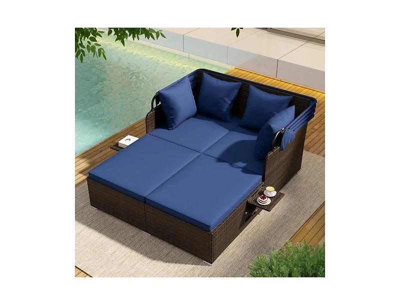 Slickblue Outdoor Rattan Daybed with Canopy Shade and Side Table Storage