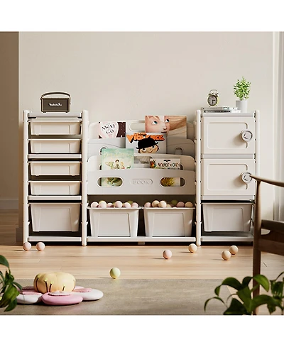 Rainsken 4-Tier Kids Bookshelf, Book Display Stand, Toy Storage Organizer with 8 Bins and 2 Cabinet for Playroom, Bedroom, Kids Room