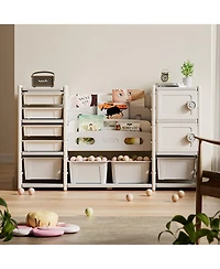 Rainsken 4-Tier Kids Bookshelf, Book Display Stand, Toy Storage Organizer with 8 Bins and 2 Cabinet for Playroom, Bedroom, Kids Room