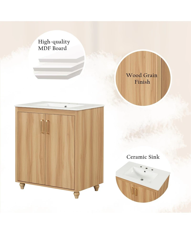 Sillysis 30" Bathroom Vanity with Ceramic Sink, Natural Solid Wood & Mdf Cabinet, Adjustable Shelf, Drawer Storage for Modern Bathrooms-Sillysis