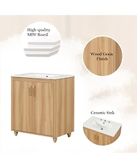 Sillysis 30" Bathroom Vanity with Ceramic Sink, Natural Solid Wood & Mdf Cabinet, Adjustable Shelf, Drawer Storage for Modern Bathrooms-Sillysis