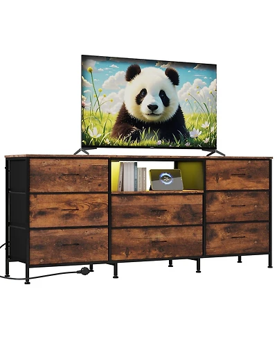 gaomon 63" Tv Stand with 8 Fabric Drawers and Led Lighting, Steel Frame Media Console for 65 70 75 Inch Televisions