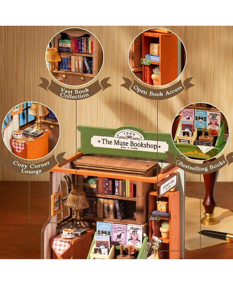 Robotime Diy Miniature Dollhouse with Bookshop Theme, Bookshelf Decoration Gift, 9.6" x 9.8" x 11.9"