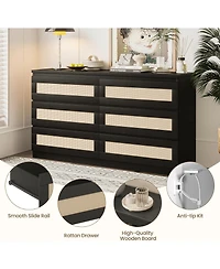 gaomon Rattan Dresser for Bedroom, Modern 6 Drawer Double Wide Wood Chest of Drawers Living Room, Hallway