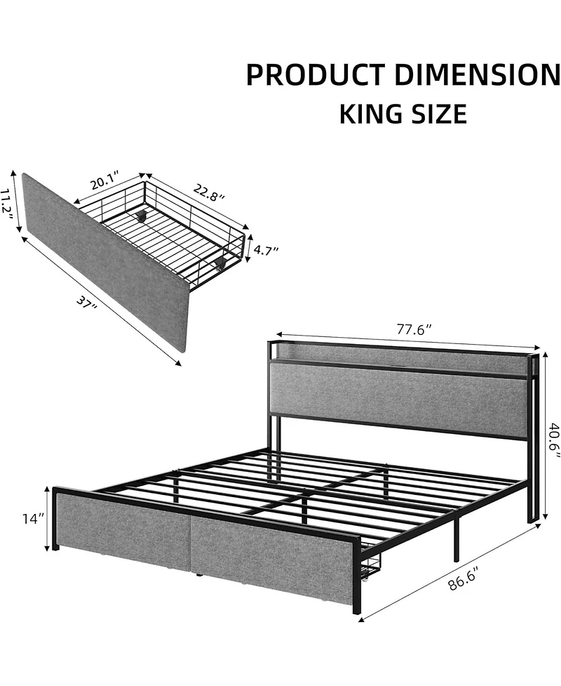 Gaomon King Bed Frame with Headboard, Storage Drawers & Built In Outlets