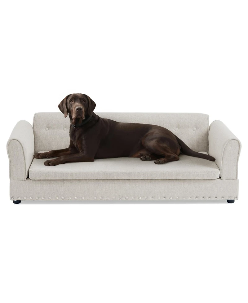 Aostirmotor Oversized Pet Sofa, Modern Linen Fabric Elevated Dog Bed with Backrest & Armrest for Large Dogs