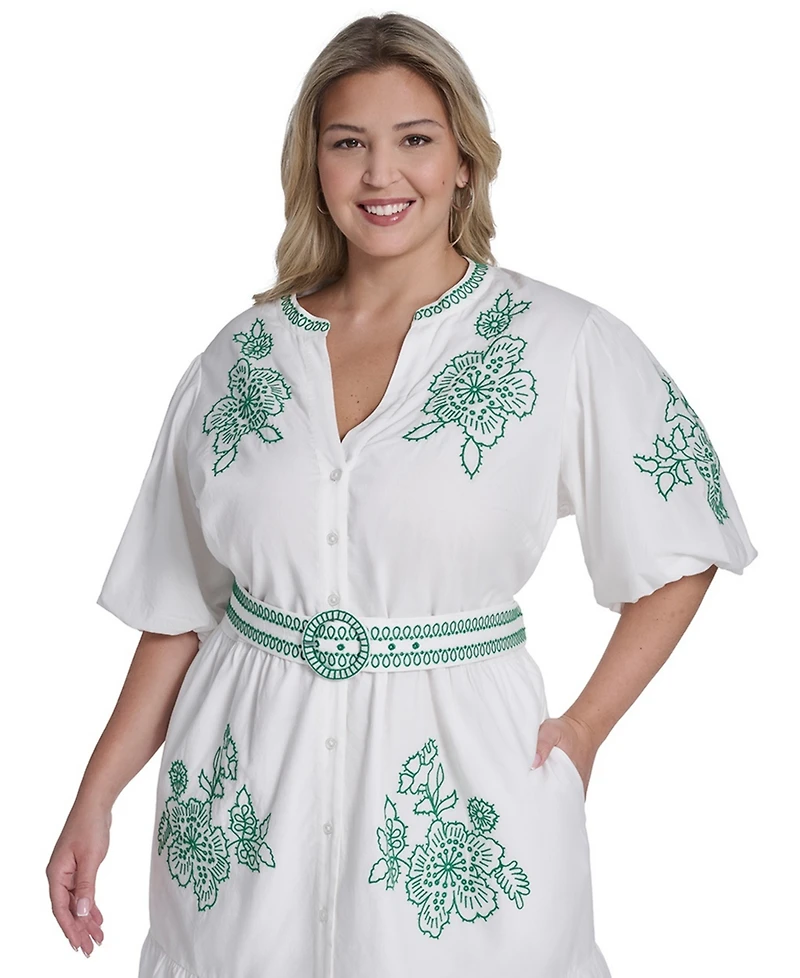 Eliza J Plus Puff-Sleeve Embroidered Dress