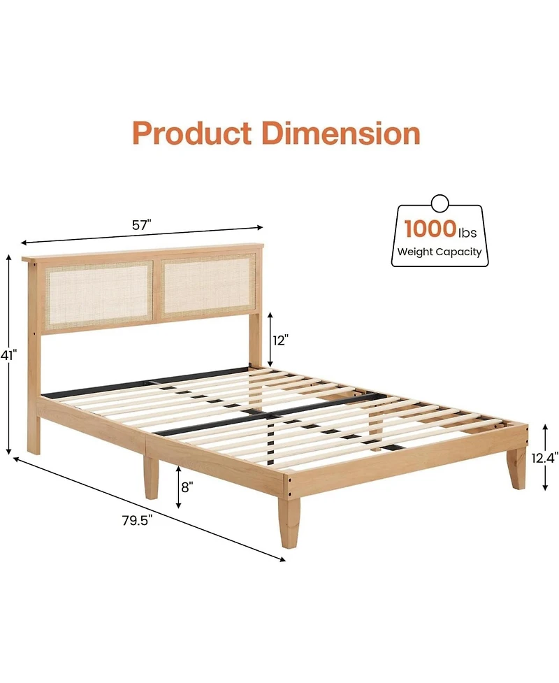 gaomon Rattan Bed Frame Wood Headboard Led Lights Wooden Slats Noise-Free Easy Assembly No Box Spring.