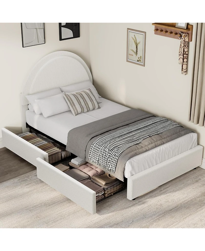 gaomon Size Bed Frame with Storage Drawers, Upholstered Boucle Platform Bed with Round Headboard, Heavy Duty & Noise Free