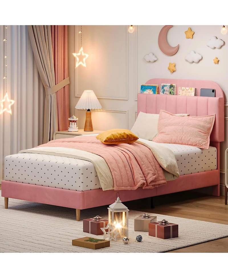 gaomon Upholstered Platform Bed Frame with Bookcase Headboard, Velvet Mattress Foundation, Heavy Duty Steel Support Legs
