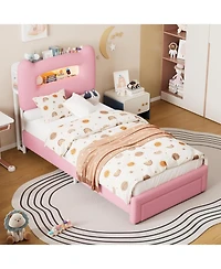 gaomon Upholstered Twin Led Platform Bed with 2-Tier Storage Headboard Charging Ports Drawer Metal Support Frame for Kids/Teens No Box Spring