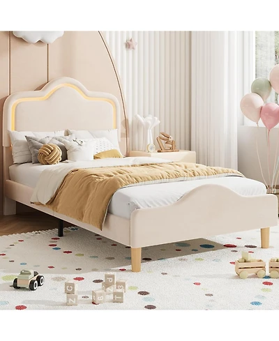 Gaomon Twin Upholstered Led Bed Frame with Adjustable Headboard and Footboard, Velvet Princess Platform Bedframe for Kids/Girls, Easy Assembly