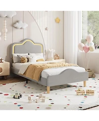 Gaomon Twin Upholstered Led Bed Frame with Adjustable Headboard and Footboard, Velvet Princess Platform Bedframe for Kids/Girls, Easy Assembly