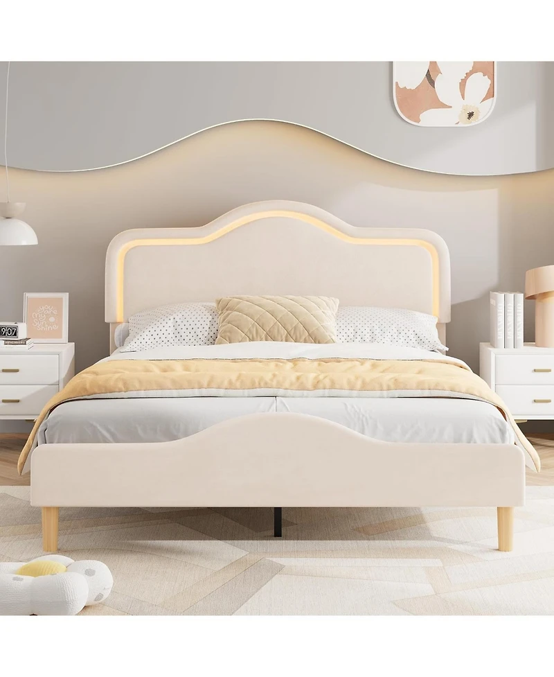 Gaomon Full Upholstered Led Bed Frame with Adjustable Headboard and Footboard, Velvet Princess Platform Bedframe for Kids/Girls, Easy Assembly