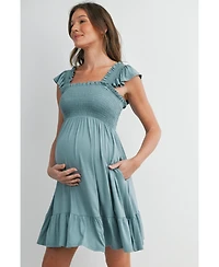 Hello Miz Maternity Empire Waist Cap Sleeve Smocked Dress with Ruffle Hem