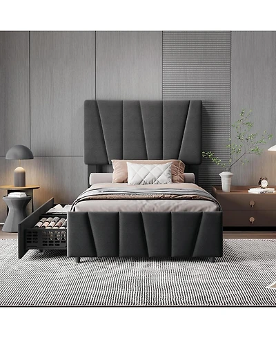 gaomon Bed Frame with Adjustable Headboard and 4 Storage Drawers, Soft Upholstered Platform Bed Frames with Wooden Slats Support