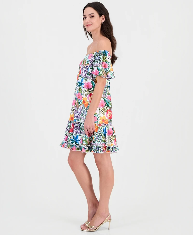 Robbie Bee Petite Off-The-Shoulder Printed Eyelet Dress