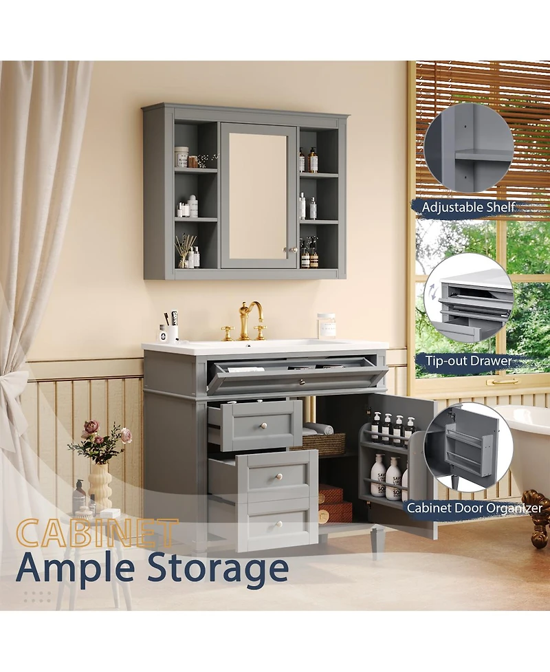 Sillysis 36" Bathroom Vanity with Sink and Mirror, Modern Freestanding Solid Wood Mdf Cabinet, 3 Drawers 2 Doors for Large Storage