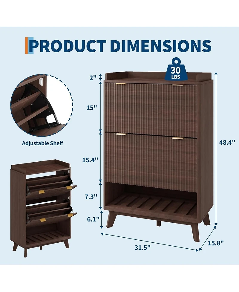 gaomon Fluted Shoe Storage Cabinet for Entryway with 2 Flip Drawers and Adjustable Shelves 48 inch Tall Freestanding Narrow Wood Shoe Cabinet