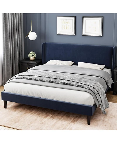 Gaomon King Upholstered Platform Bed Wingback Headboard Velvet 2 Storage Pockets Wooden Slat Support Box Spring Optional Light