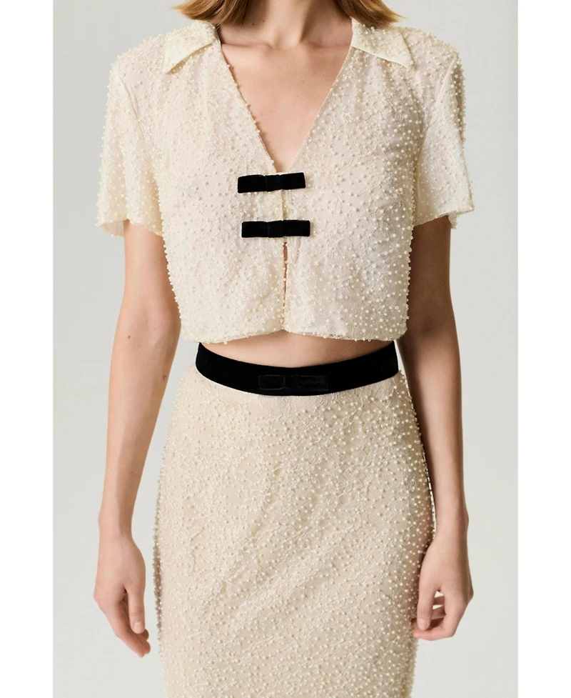 Nocturne Women's Pearl Embellished Bow Crop Blouse