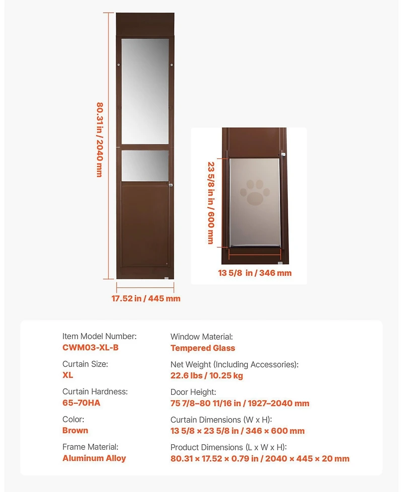 Cozito Sliding Glass Dog Door Adjustable Height 75 7/8" to 80 11/16" with 13 5/8" x 23 5/8" Flap