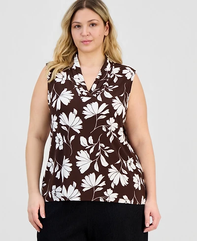 Anne Klein Plus Printed Triple-Pleat V-Neck Top