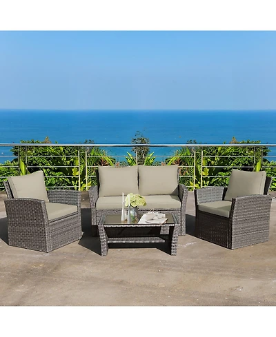 Costway 4 Pieces Patio Rattan Furniture Set with Storage Shelf Table