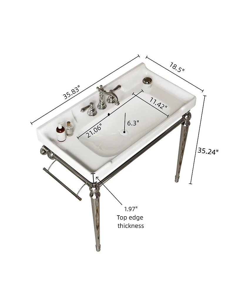 Sillysis 36 Bathroom Console Sink with White Ceramic Vanity, Wall Mounted Basin & Stainless Steel Legs, Towel Bar Included