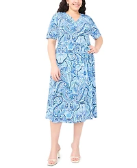 Msk Plus Printed V-Neck Short-Sleeve Midi Dress