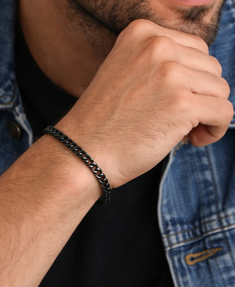 Rhona Sutton Men's Black Plated 316L Stainless Steel Curb Chain Bracelet
