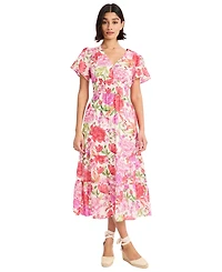 Maggy London Women's Puff-Sleeve V-Neck Midi Dress