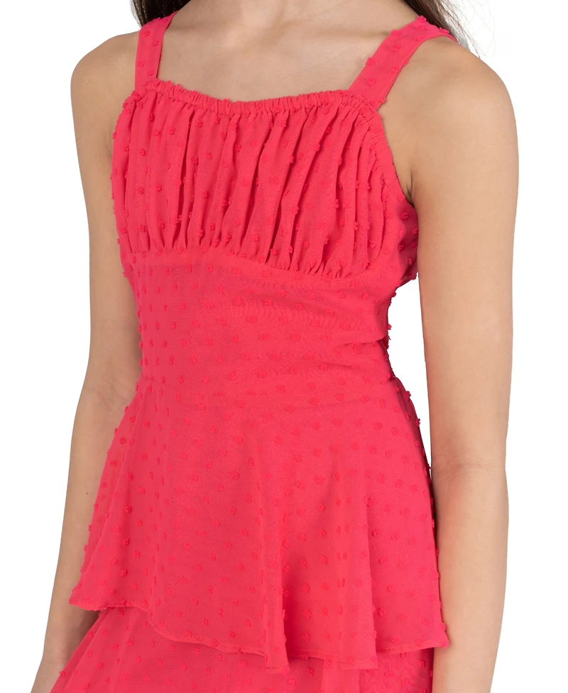 Rare Editions Girls' 7–16 Chiffon Clipdot Ruched Bust Bodice 4-Tier Ruffle Dress